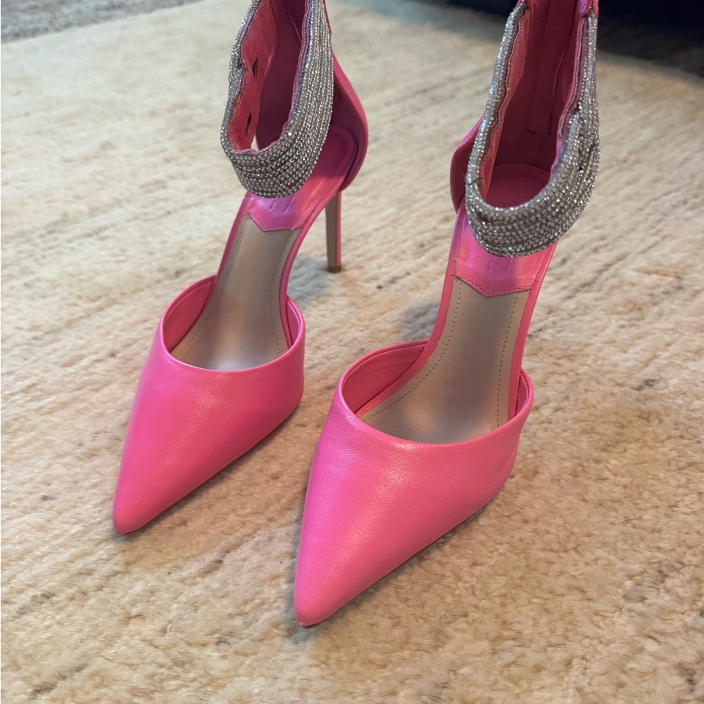 SCHUTZ Pink Pointed-Toe Ankle-Strap Heels with Crystal Embellishment
